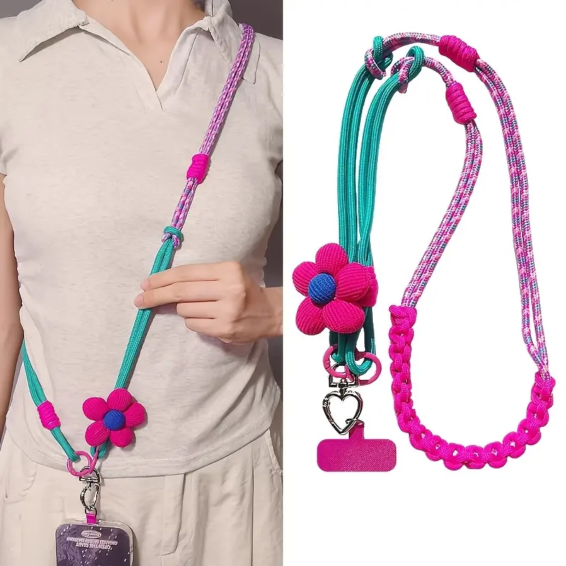 Mobile Phone Lanyard Crossbody Long Flower Three Purpose Mobile Phone Lanyard, Detachable Hand Woven Rope, Universal for Outdoor Travel Anti Loss Lanyard, Cell Phone Strap