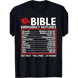 Bible Emergency Hotlines - Funny Christian Bible And Jesus T-Shirt For Men, Black With White & Red Text, 24-Hour Support Design, Casual Crew Neck Tee, Summer Wear, Casual Occasion, Casual Wear Tee| Playful Bible Design| Comfortable Fit, Bible Apparel