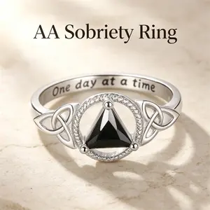 AA Sobriety Ring for Women Zinc Alloy Black Triangle Stone Celtic Trinity Knot Inner Engraved One Day At A Time Alcoholics Anonymous Addiction Recovery Elegant Stackable Inspirational Sober Anniversary Encouragement Gifts for Her Fashion Rings Jewelry