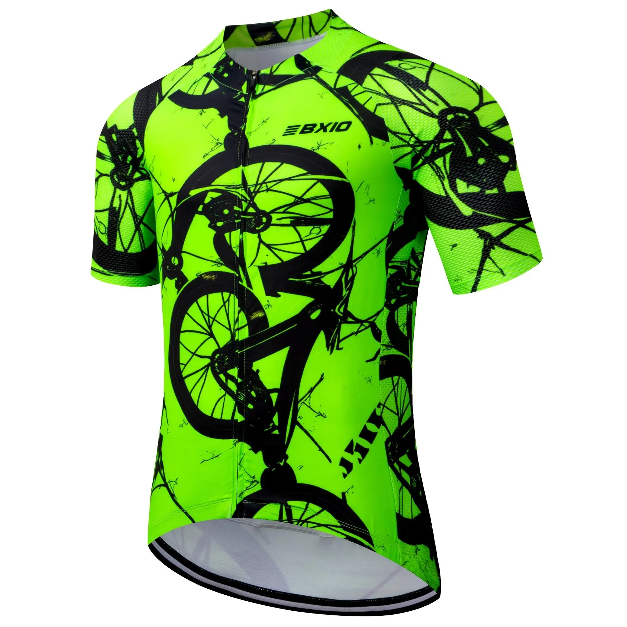 Men's Fitted Cut Cycling Suit, Short Sleeve Polyester Blend Jersey and Shorts Set with Fluorescent Green Bike Print for Summer Bike Riding, Cycling Gear, High Elastic, Fluorescent Green Bicycle Print