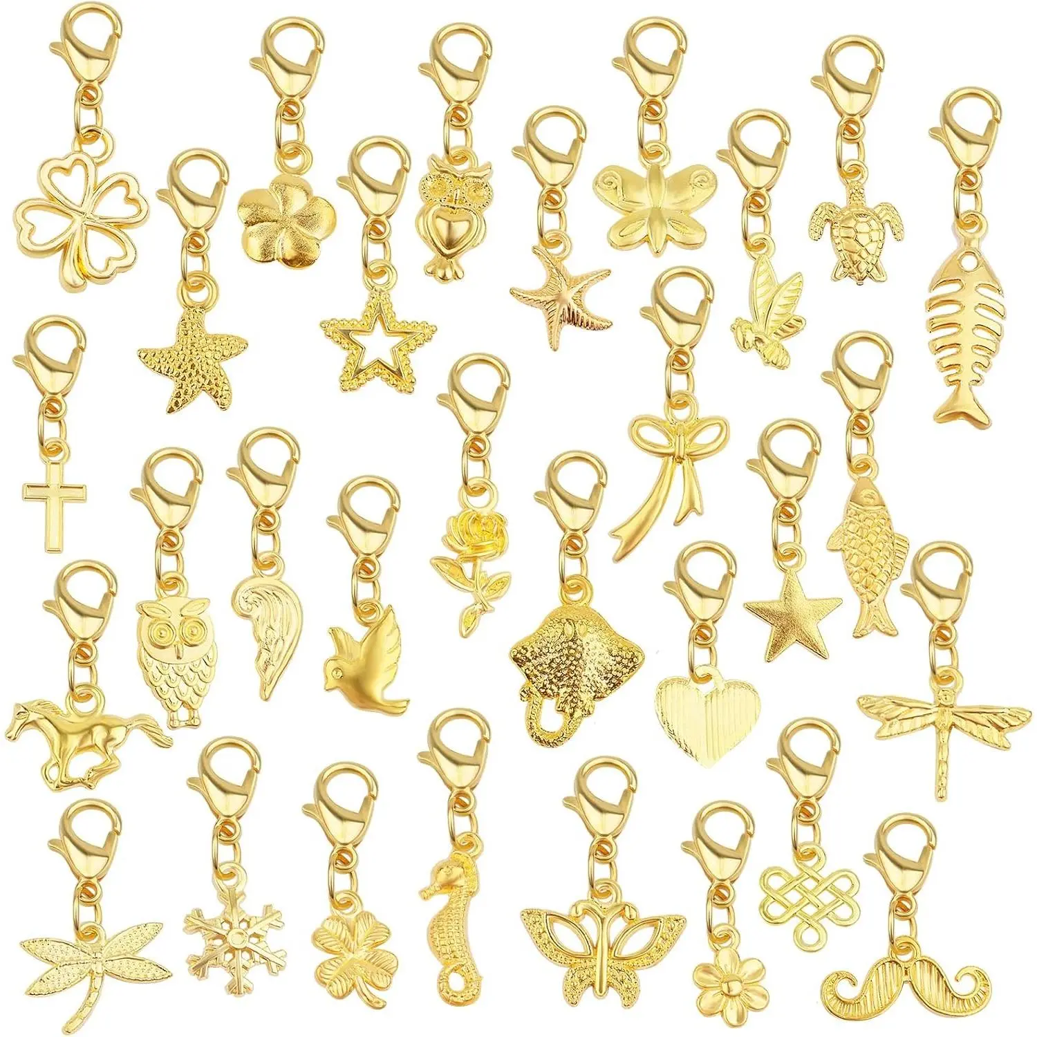 30 Pieces Golden Clip on Charm Pendants Mixed Styles Dangle Charms with Lobster Clasp Craft Supplies for DIY Earrings Jewelry Making Accessories