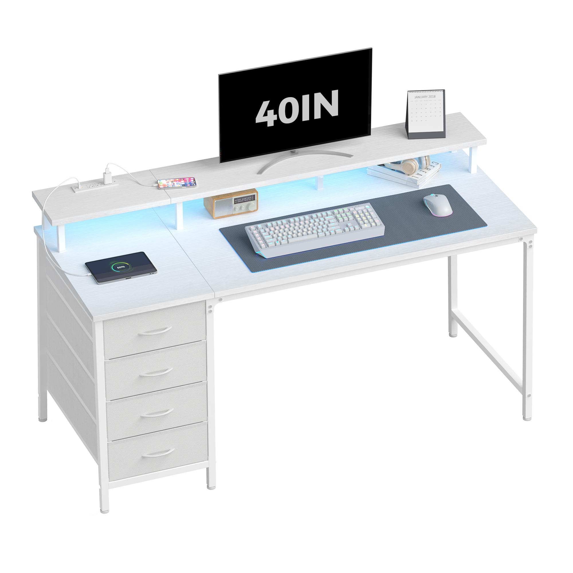 Gaming Desk with LED Lights USB Type C Charging Station, Computer Desk with 4 Drawers Monitor Stand Storage for Home Office