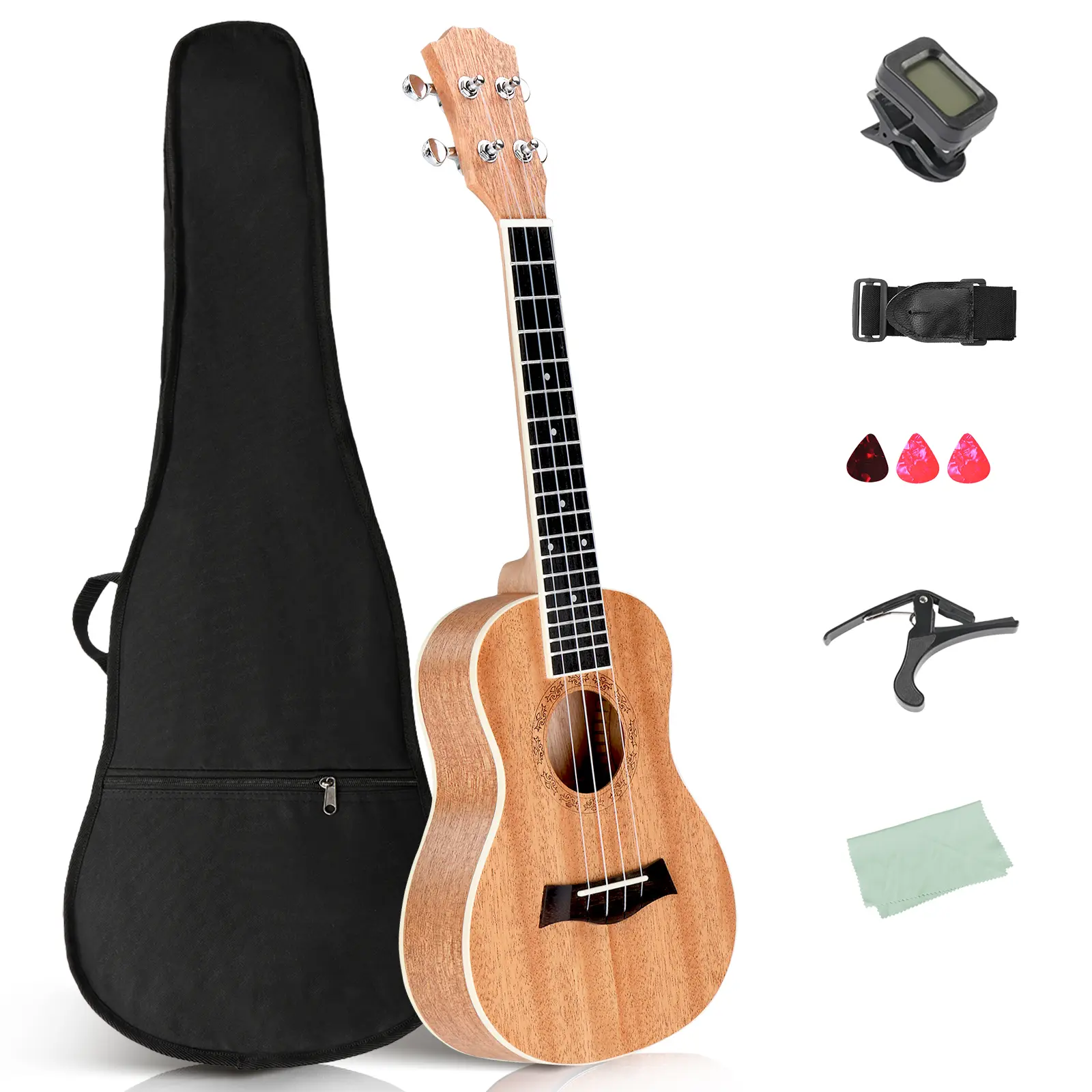23in mahogany body rosewood fingerboard ukulele, cotton bag, capo, strap, picks*3, wrench tool