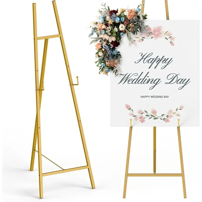 Vintage Gold Large Adjustable Metal Floor-Standing Easel Stand with Chain Support, Square-Tube Scroll Display Easel for Artwork, Wedding Signs