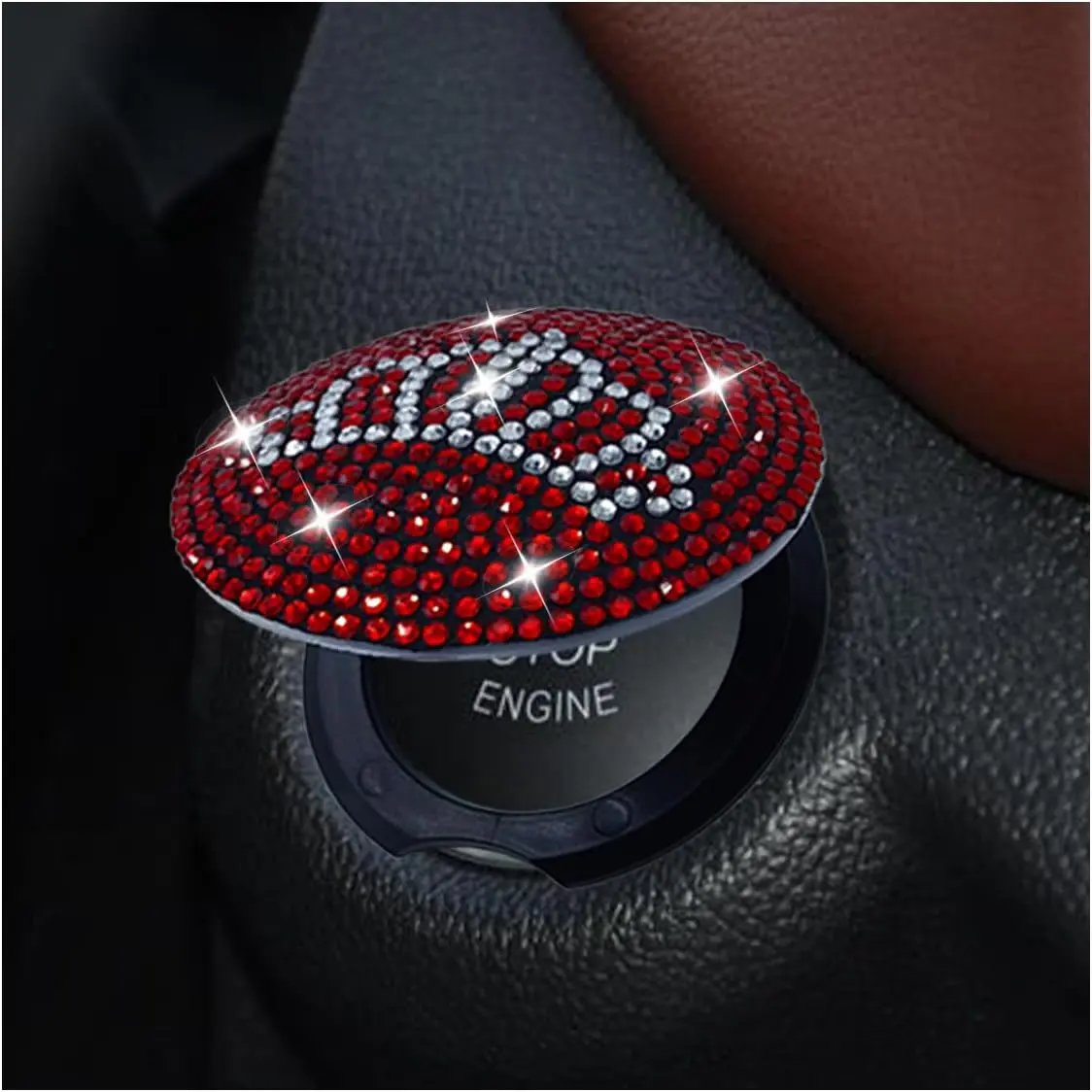 ABS+Rhinestones Bling Car Engine Start Button Cover - Push-to-Button Protective Cap, Cute Girl Car Interior Accessories (Red)