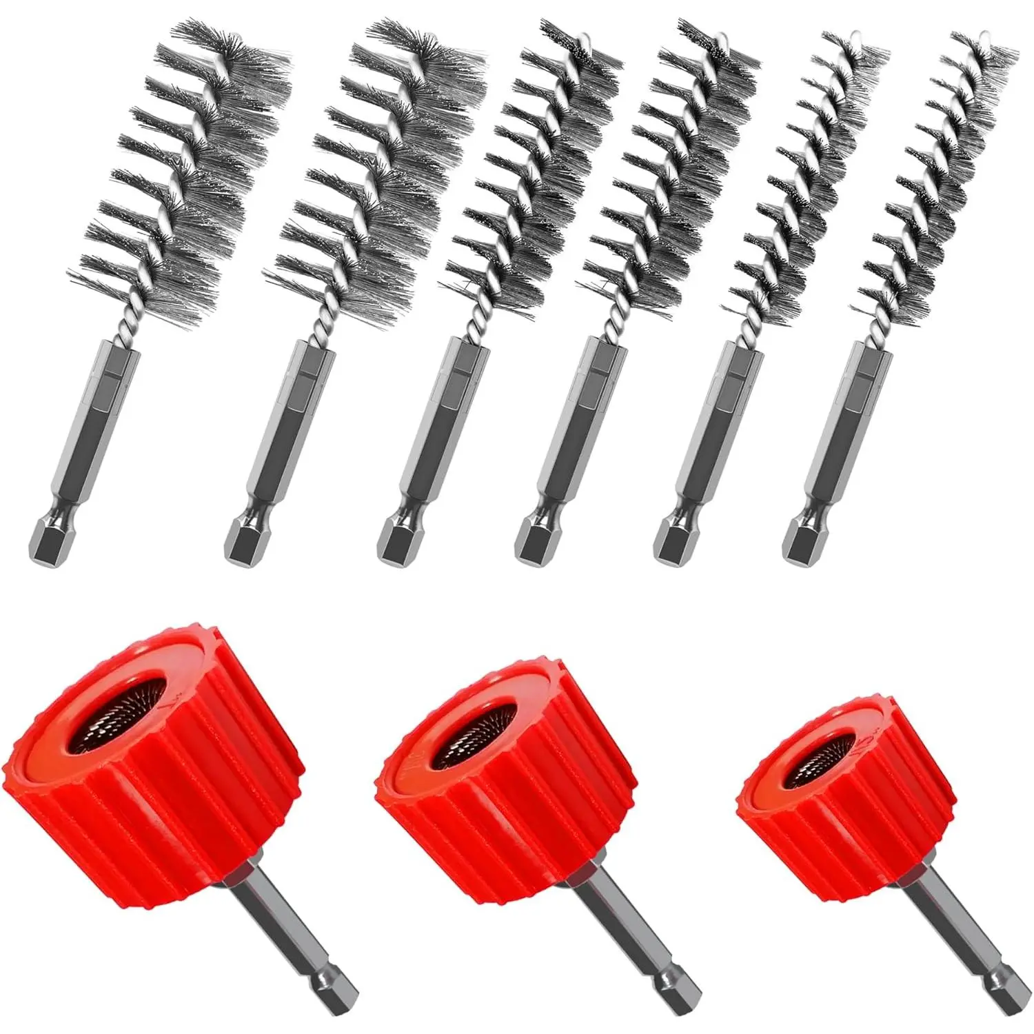 Drill-Mounted Copper Cleaner Kit, Plumbers' Metal Cleaning Tools - 3 Cleaners, 6 Stainless Steel Bore Brushes for 1/2", 3/4", 1" Pipes & Fittings