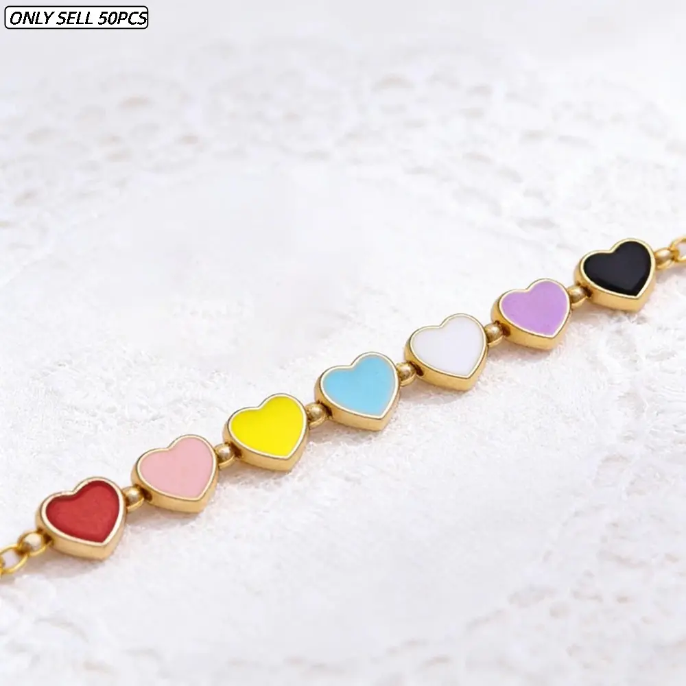 50Pcs DIY Mini Alloy Double-sided Heart-shaped Loose Beads, Colorful Heart-shaped Through-hole Beads, DIY Handmade Bracelet Necklace Bead Materials, Handmade Accessories for Bestie and Couples