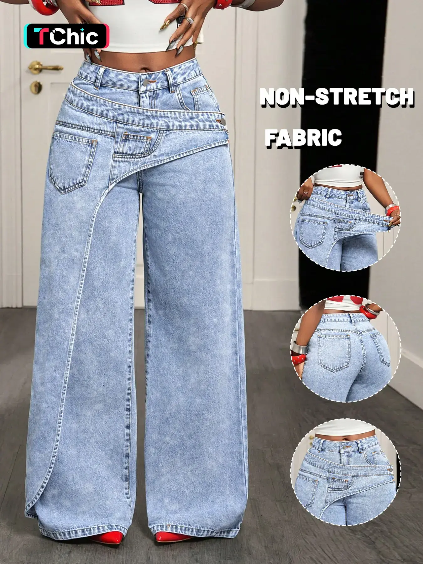 GILIPUR Women's Light Blue Wash Non-Stretch Deconstructed High Waist Wide Leg Jeans, Asymmetric Layered Waist Baggy Floor Length Denim Pants with Multi Pockets, Y2K Streetwear Casual Daily Date Outfits for Women TChic