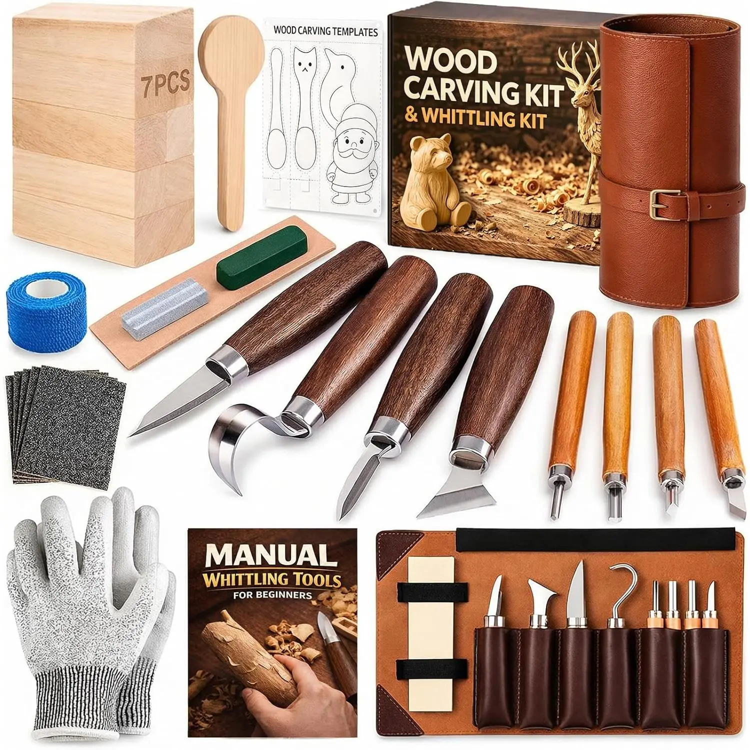 Wood Carving Kit Whittling Kit: Deluxe Wood Carving Tools Knife Set with Leather Case - Woodworking Hobby Kit for Beginners Adults Kids - DIY Art Craft Gift for Men Teens