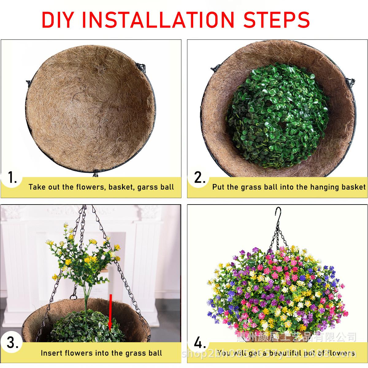 Artificial eucalyptus, camellia, and coconut palm flower baskets, hanging baskets, artificial flowers for home, garden, outdoor, and festive decorations