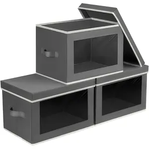 Storage Bins with Lids - Fabric Storage Boxe with Window, Collapsible Closet Organizers with Handles, 3 Pack Decorative Bin, Home Cubes Baskets for Clothes, Hat, Books, Dark Grey