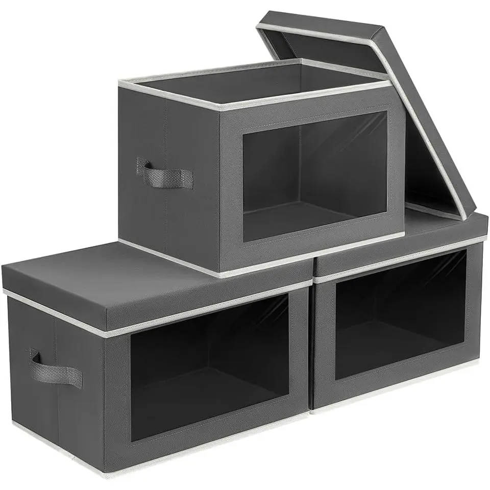 Storage Bins with Lids - Fabric Storage Boxe with Window, Collapsible Closet Organizers with Handles, 3 Pack Decorative Bin, Home Cubes Baskets for Clothes, Hat, Books, Dark Grey