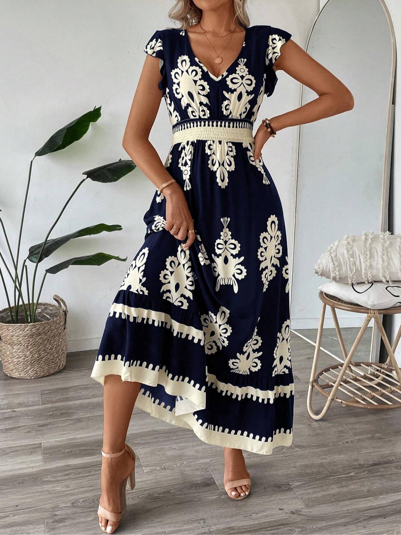 Women's V Neck Ruffle Hem A-Line Dress, Elegant All over Print, Elastic Waist, Moderate Woven Fabric, Casual Vacation Wear