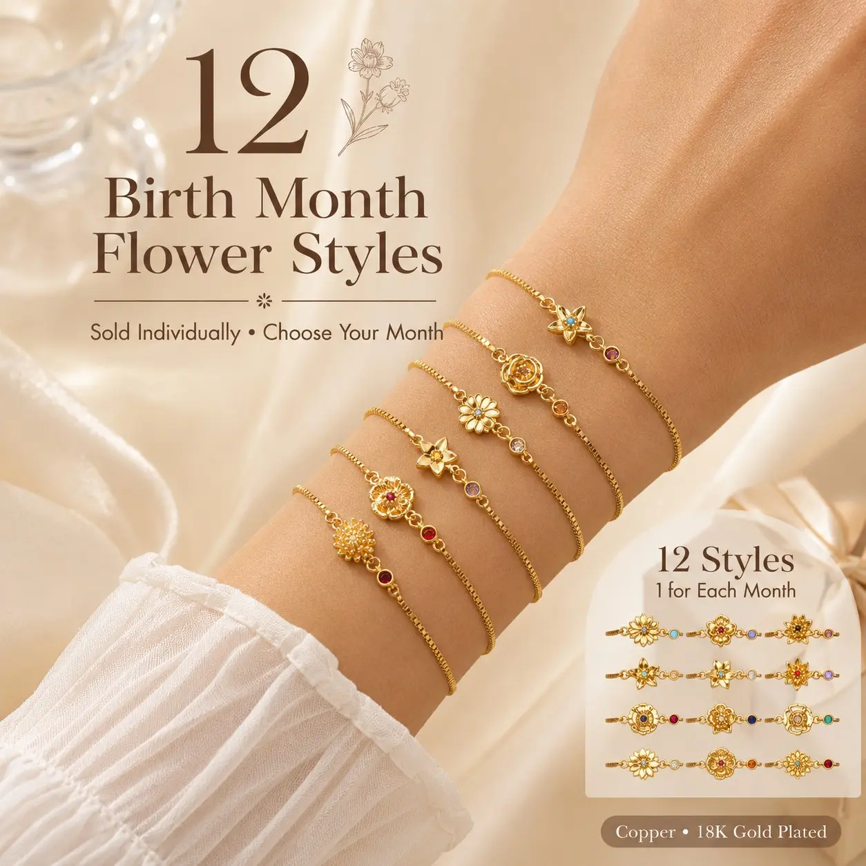 Women’s Birth Month Flower Bracelet - Gold-Tone Adjustable Chain Bracelet with Colored Stone Accent, Personalized Birthday Gift for Women
