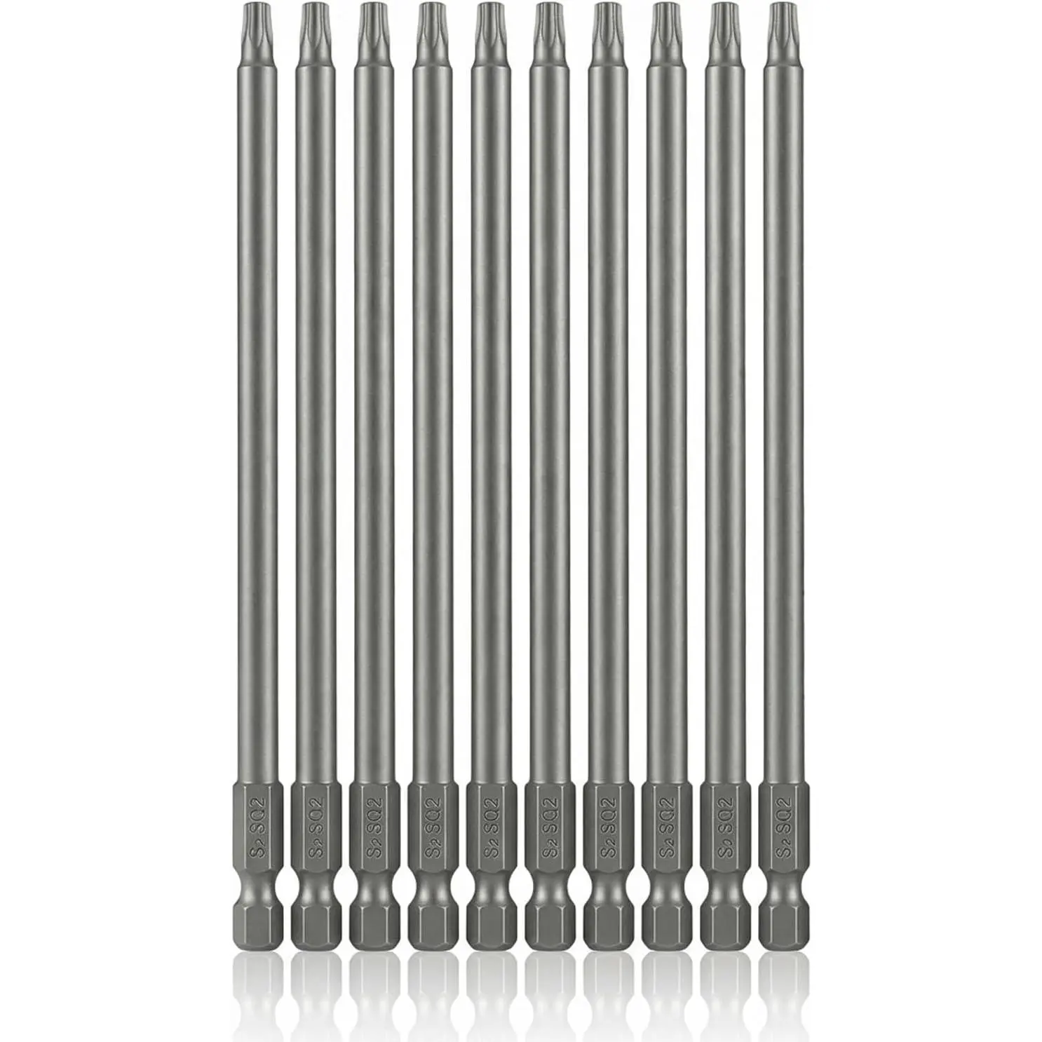 10-Piece Steel Square Head Screwdriver Bit Set - SQ2 Size, 6 in Length, 1/4-in Hex Shank Power Tool Accessory