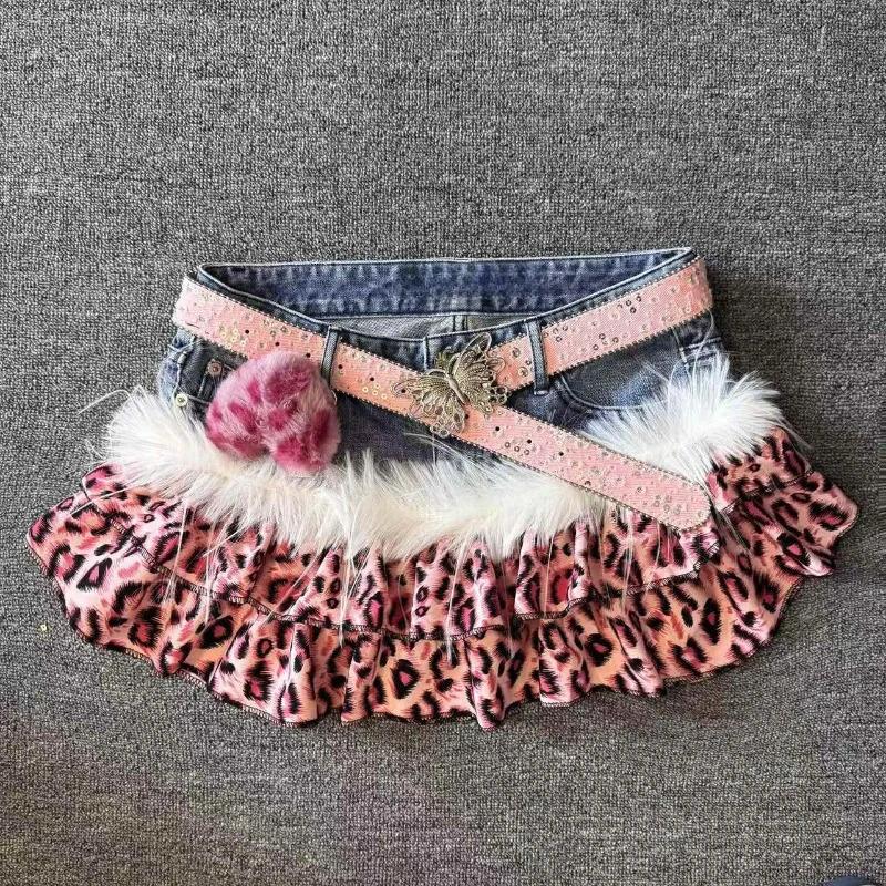 Pink Leopard Design Vintage Denim Mini Skirt Hot Girls Y2k Patchwork Print Babe Outfits High Steet Casual Skirts 2000s Clothing