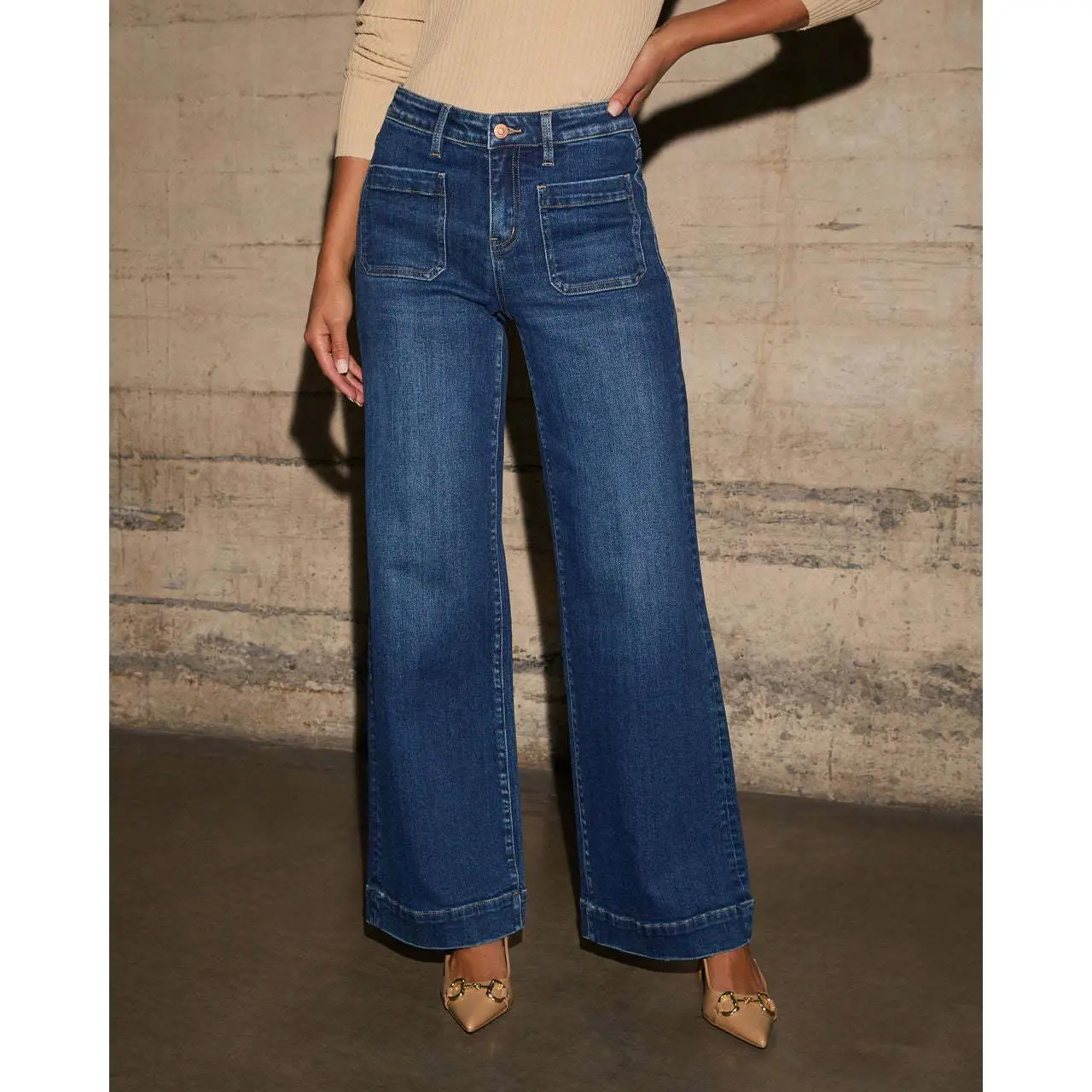 YF Women's High Waisted Wide Leg Jeans, Vintage Straight Leg Denim Pants with Front Patch Pockets, Retro Sailor Jeans Casual Flattering Long Trousers for Work Office Daily Wear Fall Spring