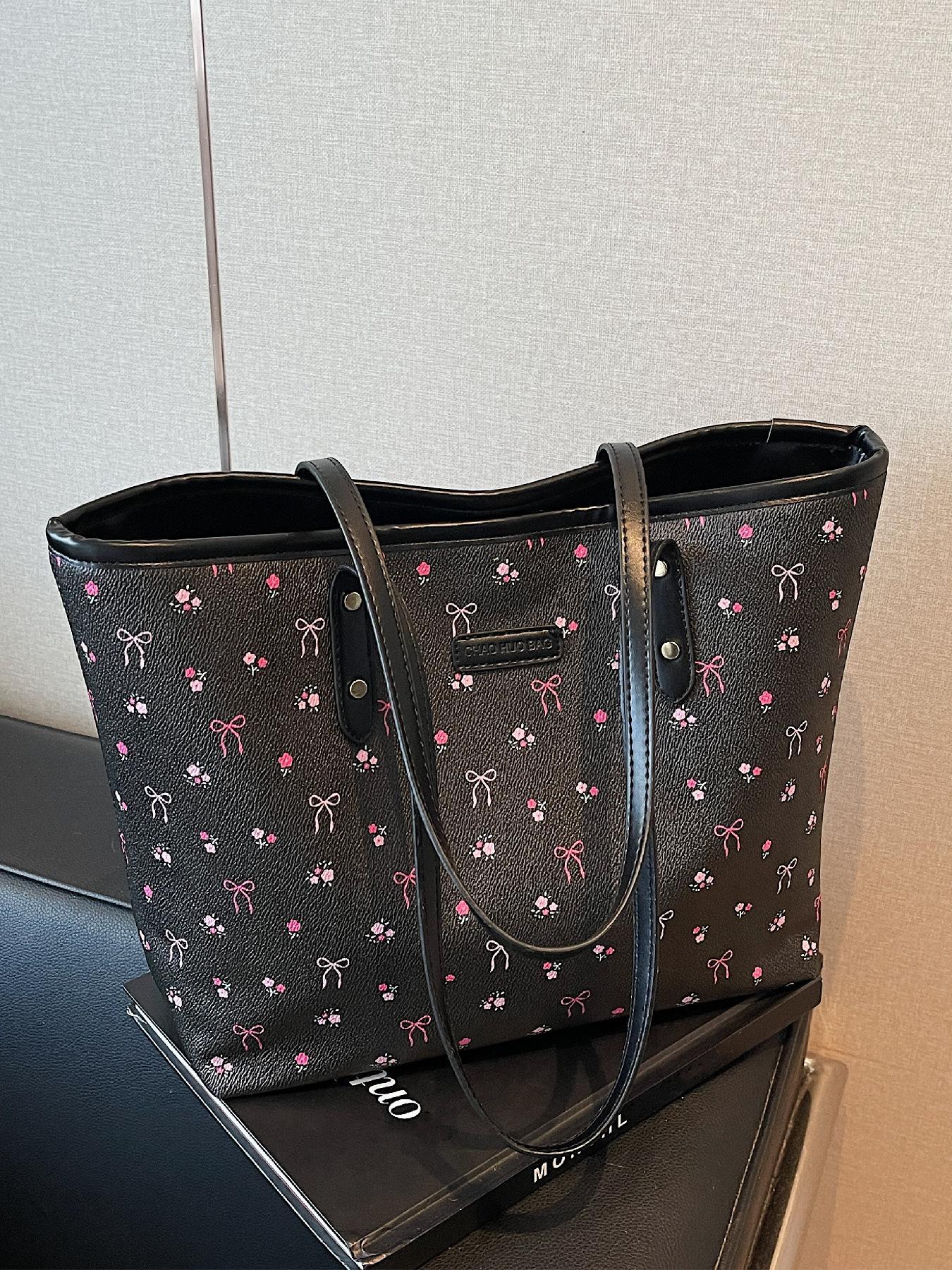 Fashionable Bowknot & Cherry Pattern Tote Bag, Handbag Tote Bag, Casual Versatile Shoulder Bag for Women, Trendy All-match Bag for Daily Use