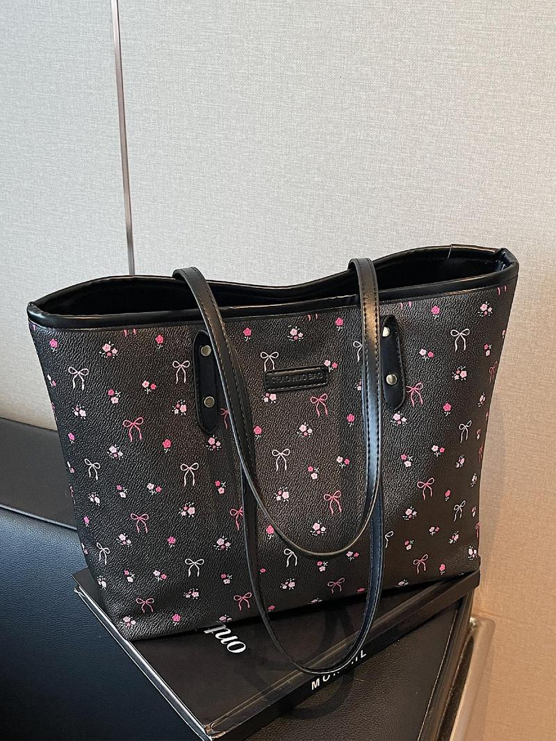 Fashionable Bowknot & Cherry Pattern Tote Bag, Casual Versatile Shoulder Bag for Women, Trendy All-match Bag for Daily Use, Shoulder Totes