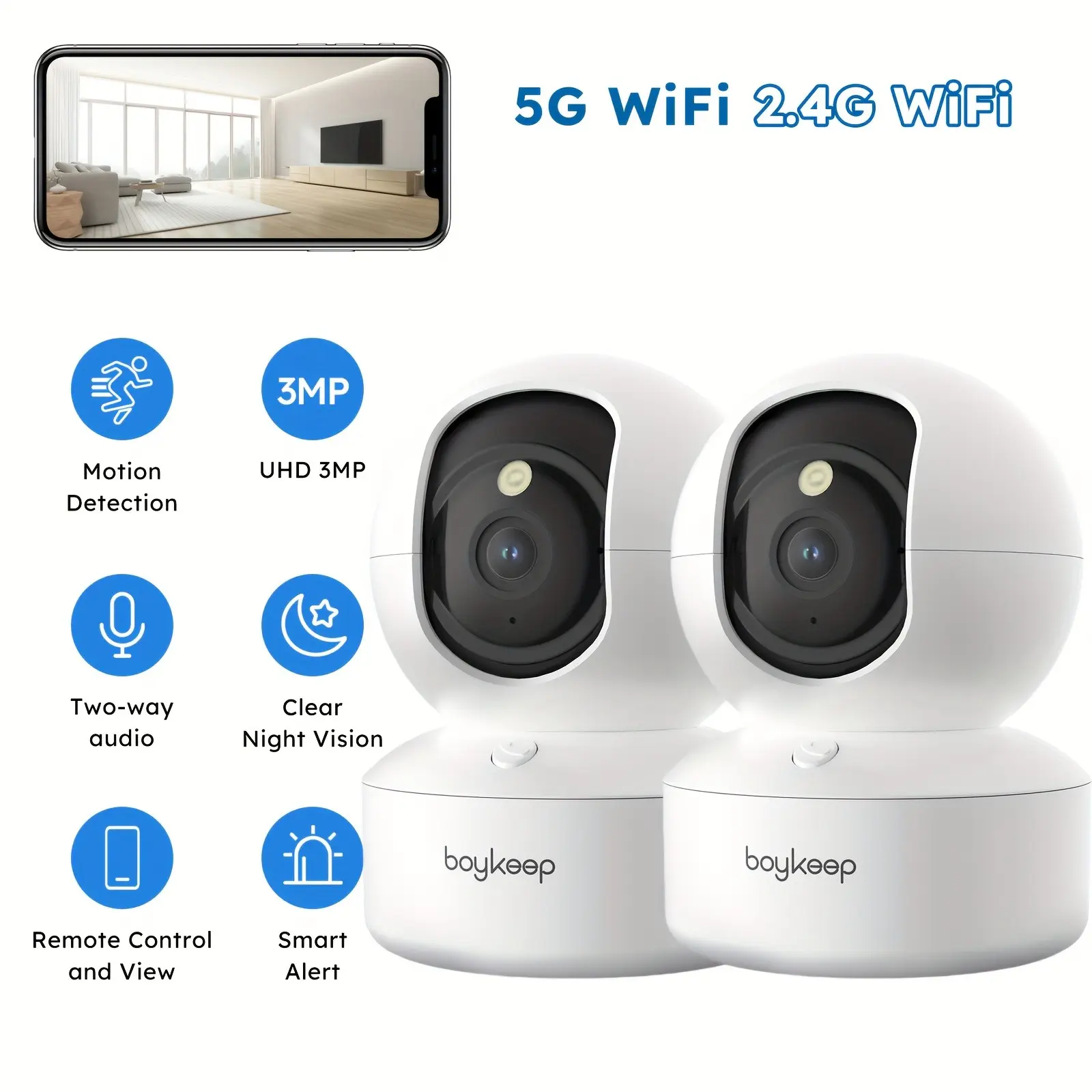 1pc BOYKEEP 2K HD Indoor Wireless Security Camera, 5G/2.4GHz WiFi, USB Powered, Self-Adhesive Mount, Remote Control, Audio and Motion Alerts, 360° View, Two-Way Audio, Night Vision, No Battery - Smart Home Surveillance Cam with App Integration