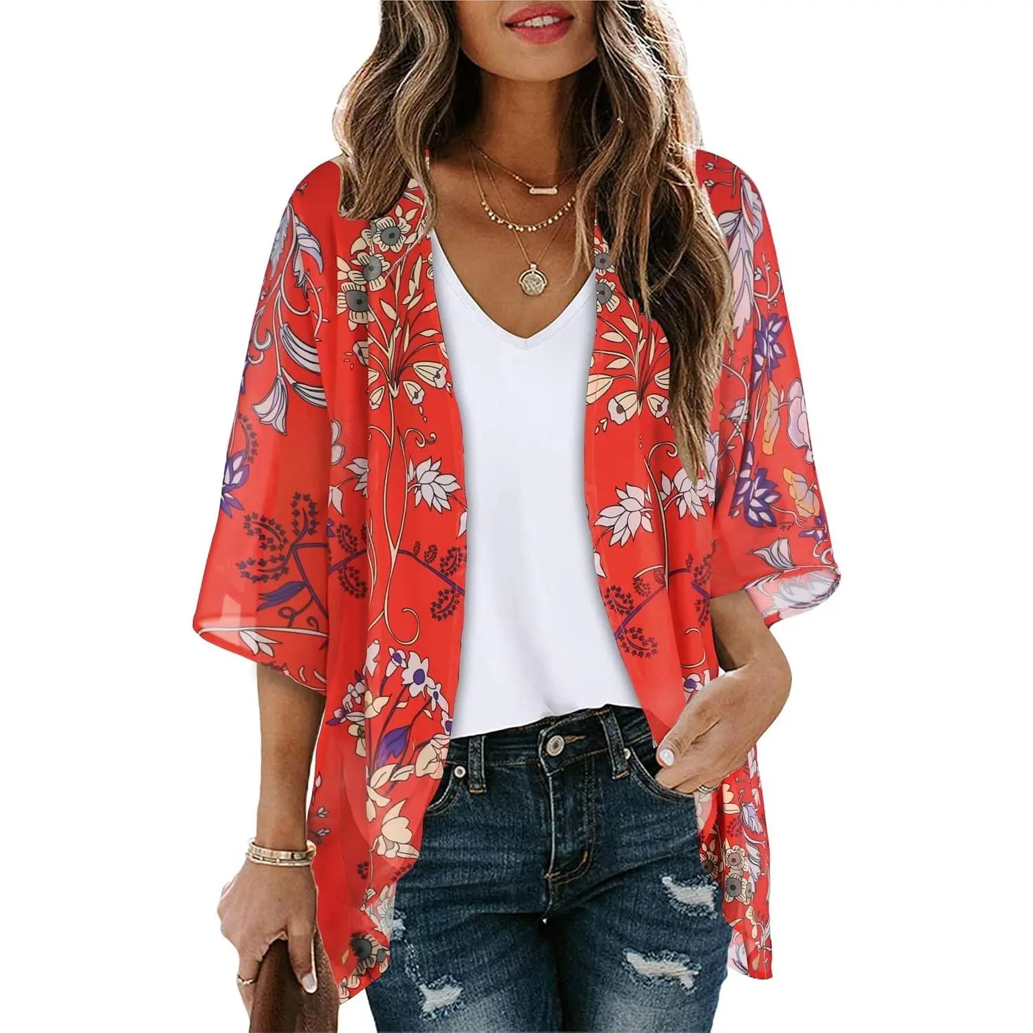 Womens Floral Kimono Cardigan Beach Cover Up Casual Summer Top Puff Sleeve Open Front Chiffon Boho Blouse Hawaiian Shirt Beach Vacation Swimwear Plus Size Cruise Resort
