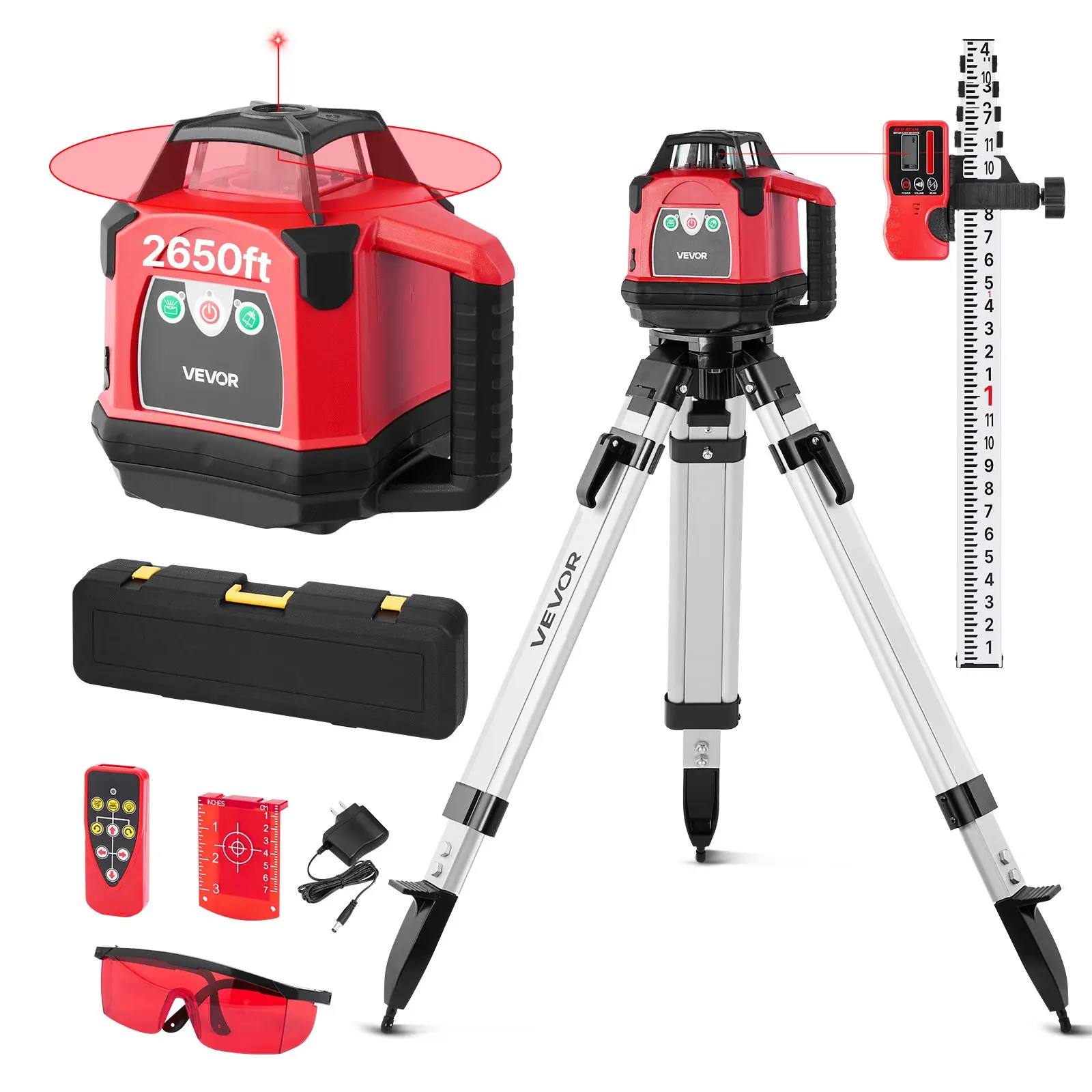 VEVOR Self-Leveling Rotary Laser Level Complete Kit, 2650 ft Reach 360-Degree Red Horizontal Laser Transit, Includes Heavy-Duty Tripod, Receiver, Remote Control, Toolcase, IP66 Waterproof, 0.06in/100ft for Construction
