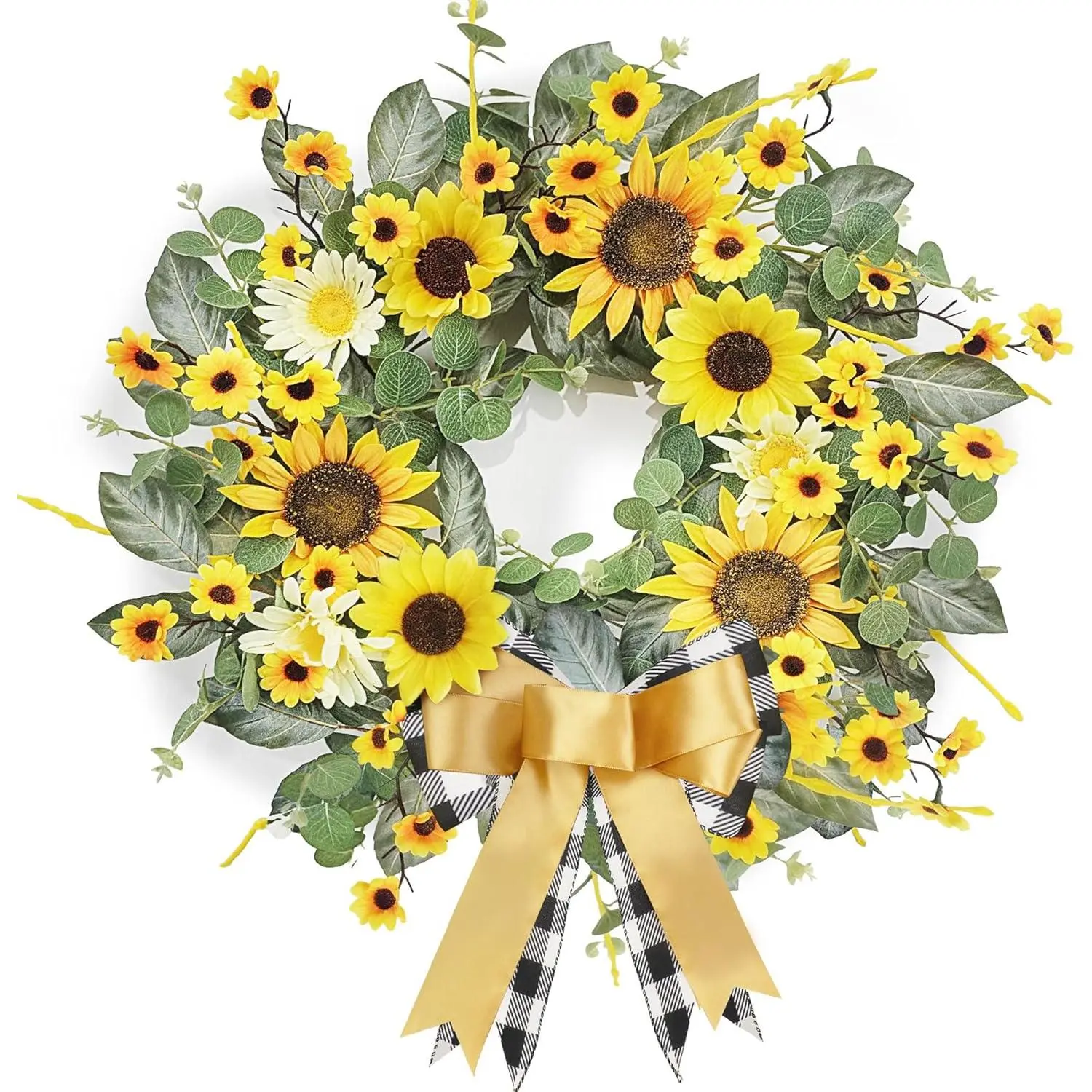 Sunflower Wreaths for Front Door, 22 inch Yellow Spring and Summer Door Wreath with Daisy and Linen Ribbon All Year Green Decor for Home Party Festival Wedding