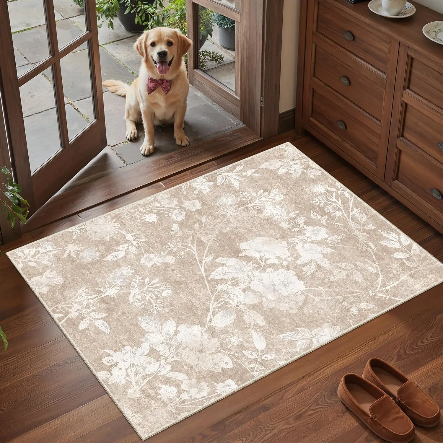 Floral Washable Rugs 2x3, Soft Neutral Doormat for Entryway Tan | Kitchen Oriental  Throw Area Rug, Low-Pile Non-Slip Small Thin Carpet for Bathroom Laundry Room Bedroom 2'x3'