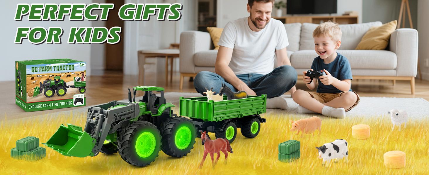 Remote Control Tractor Toy, Kids RC Tractor Set with Truck & Trailer and Light/Loading/8 Wheel, 2.4 Ghz RC Farm Vehicle Toys, Animal Farm Kids Toy for 3 4 5 6 7 8 9 Year Old Boys Girls Birthday Gift