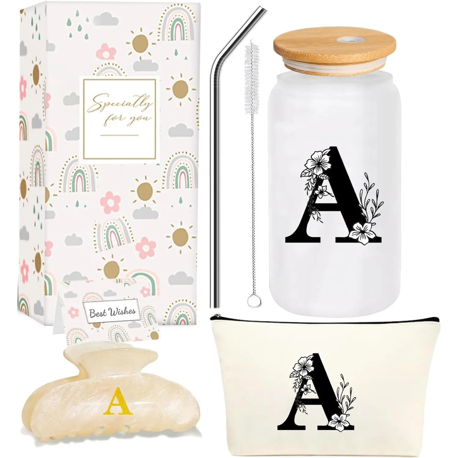 Monogrammed Initial Glass Cup Personalized Gifts for Women 16oz Initial Letter Glass Cups w/ Straws Birthday Valentine  Day  for Her, A