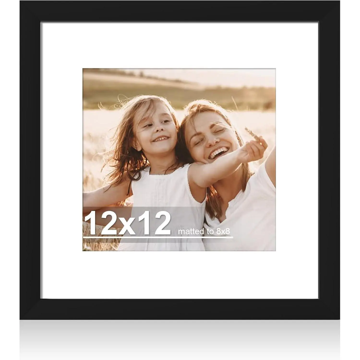 12x12 Real Glass Wood Picture Frame, 1 Pack (8x8 Mat Included), Black - Display 12x12 Without Mat on Wall or Tabletop; Fits Home, Office & Gallery Wall DecorGift