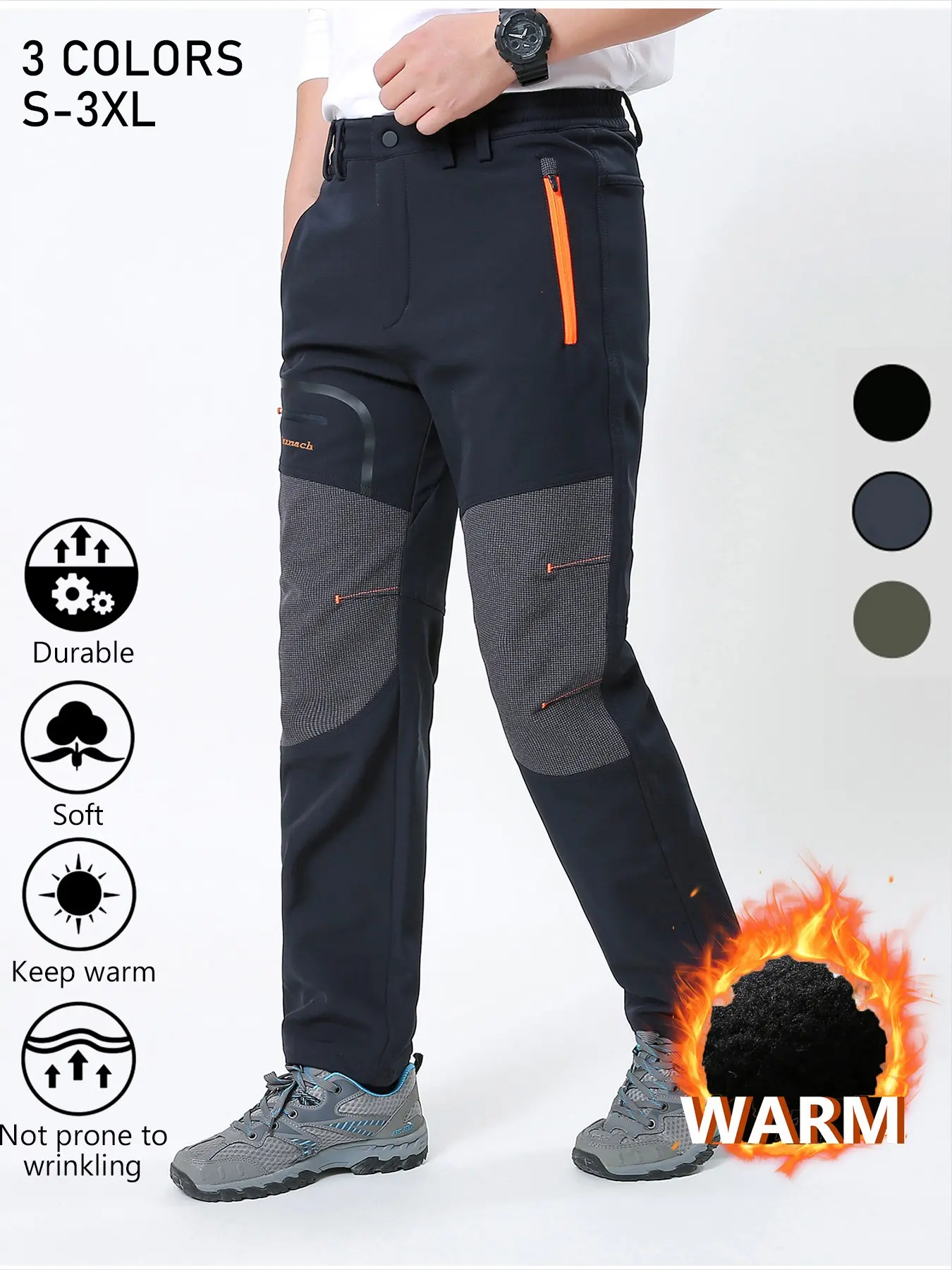 Men's Fleece Lined Winter Outdoor Hiking Pants, Elastic Waist Warm Softshell Straight Trekking Trousers with Reinforced Grid Knee Panels, Zipper Multi Pockets, Reinforced Knees, Stretch Durable Pants for Mountaineering Camping Fishing Cold Weather