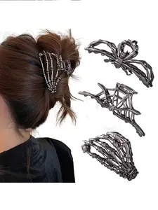 3 Pcs Hair Claw Clip Set, Fun Hair Clips, Black Spider Web, Skeleton Hand and Spider Claws for Women and Girls, Hip-Hop Style Metal, One Size for Thick and Thin Hair, Great for Hair Styling and Party Gifts