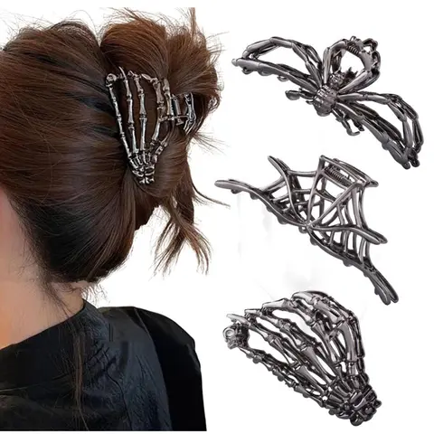 3 Pcs Hair Claw Clip Set, Claw Clip Pack, Clip Design, Fun Hair Clips, Black Spider Web, Skeleton Hand and Spider Claws for Women and Girls, Hip-Hop Style Metal, One Size for Thick and Thin Hair, Great for Hair Styling and Party Gifts #GLOBAL PICKS