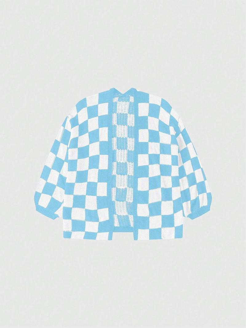 Women's Checkerboard Print Bishop Sleeve Open Front Cardigan, Fashion Casual Long Sleeve Knitwear for All Seasons, Women's Knit Clothing for Daily Wear, Cardigan for Women