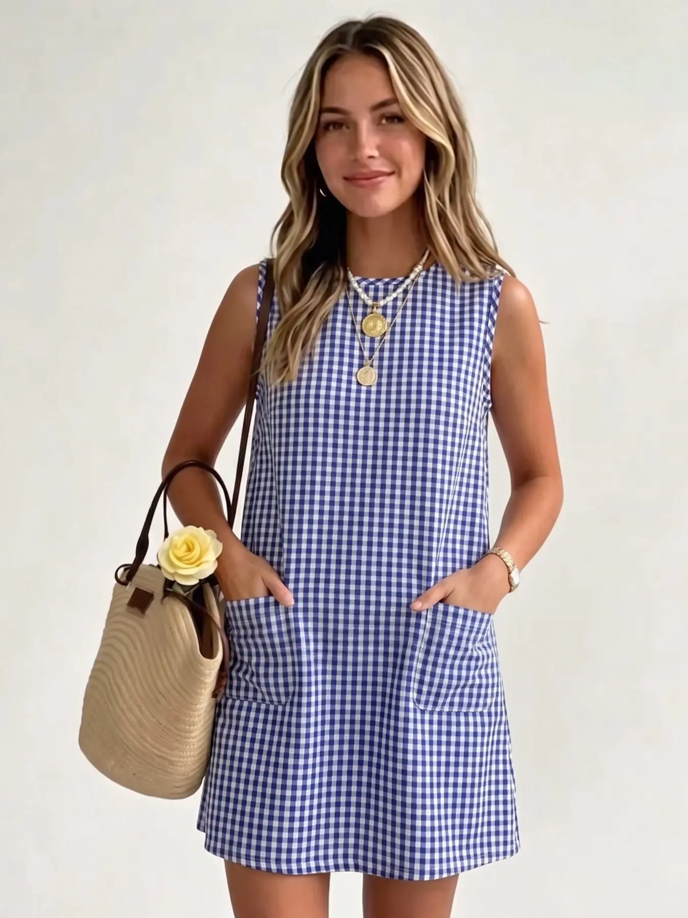 Millennial Style Chic Dress, College Fashion Sleeveless Plaid Dress, Casual Wear with Pockets and Back Zipper, Slimming Effect