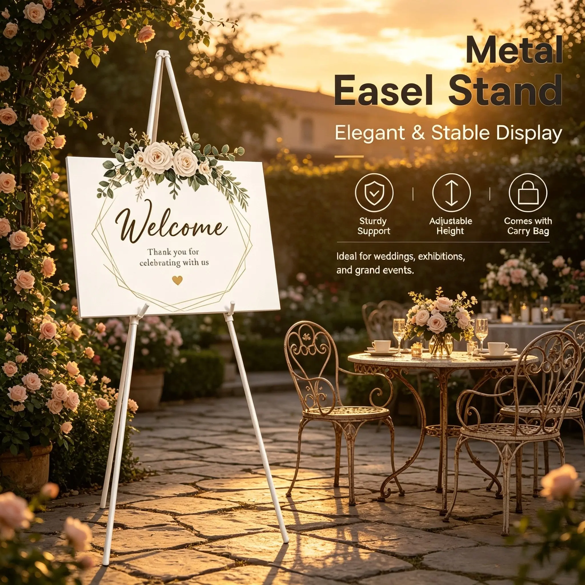 Multi-Functional Adjustable Iron Display Stand, Ideal for Wedding Seating Chart, Menu Board, Oil Painting, Exhibition Posters, Pre-Wedding Party Setup