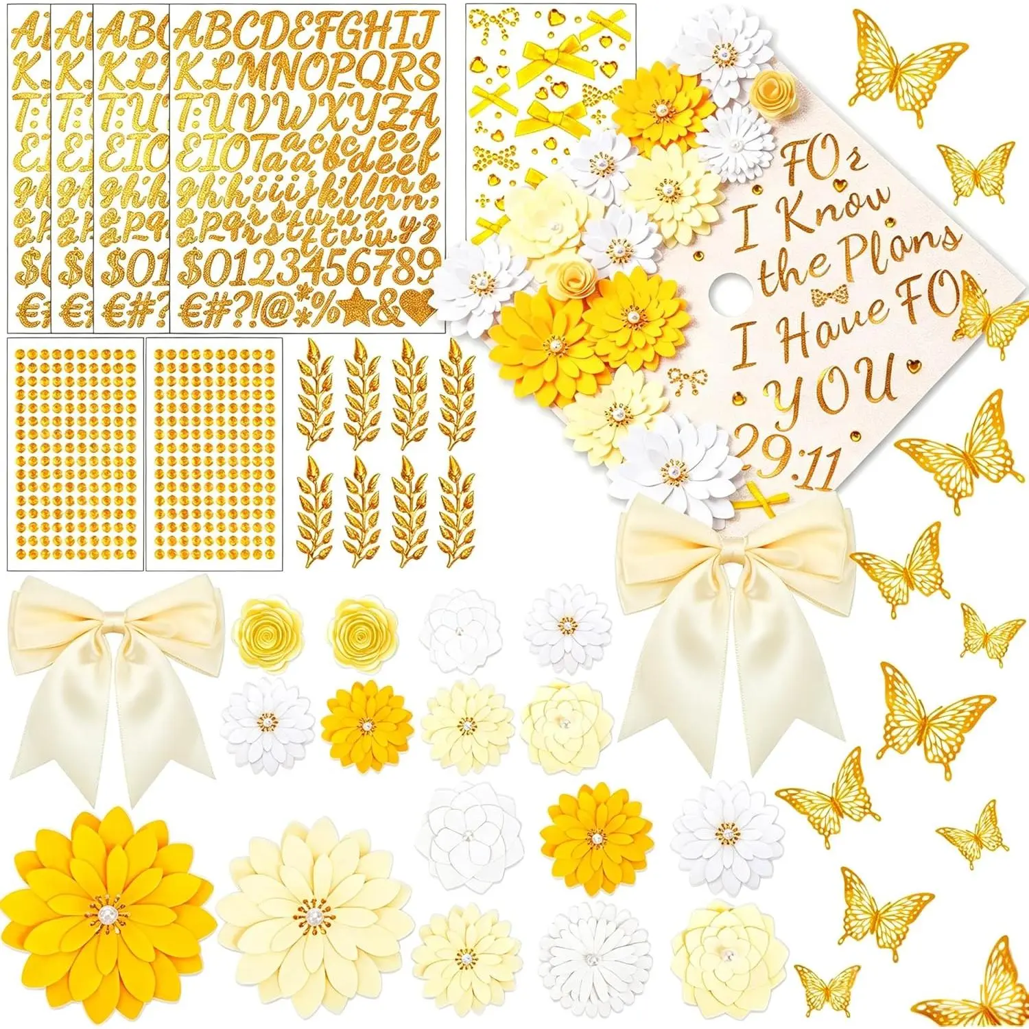 51 count DIY Graduation Cap Decorations Kit,2026 White Cap Decor Included Paper , Butterflies, Bow,  Rhinestones, Glitter Letter Stickers for DIY Grad Cap Topper Party Supplies(White)