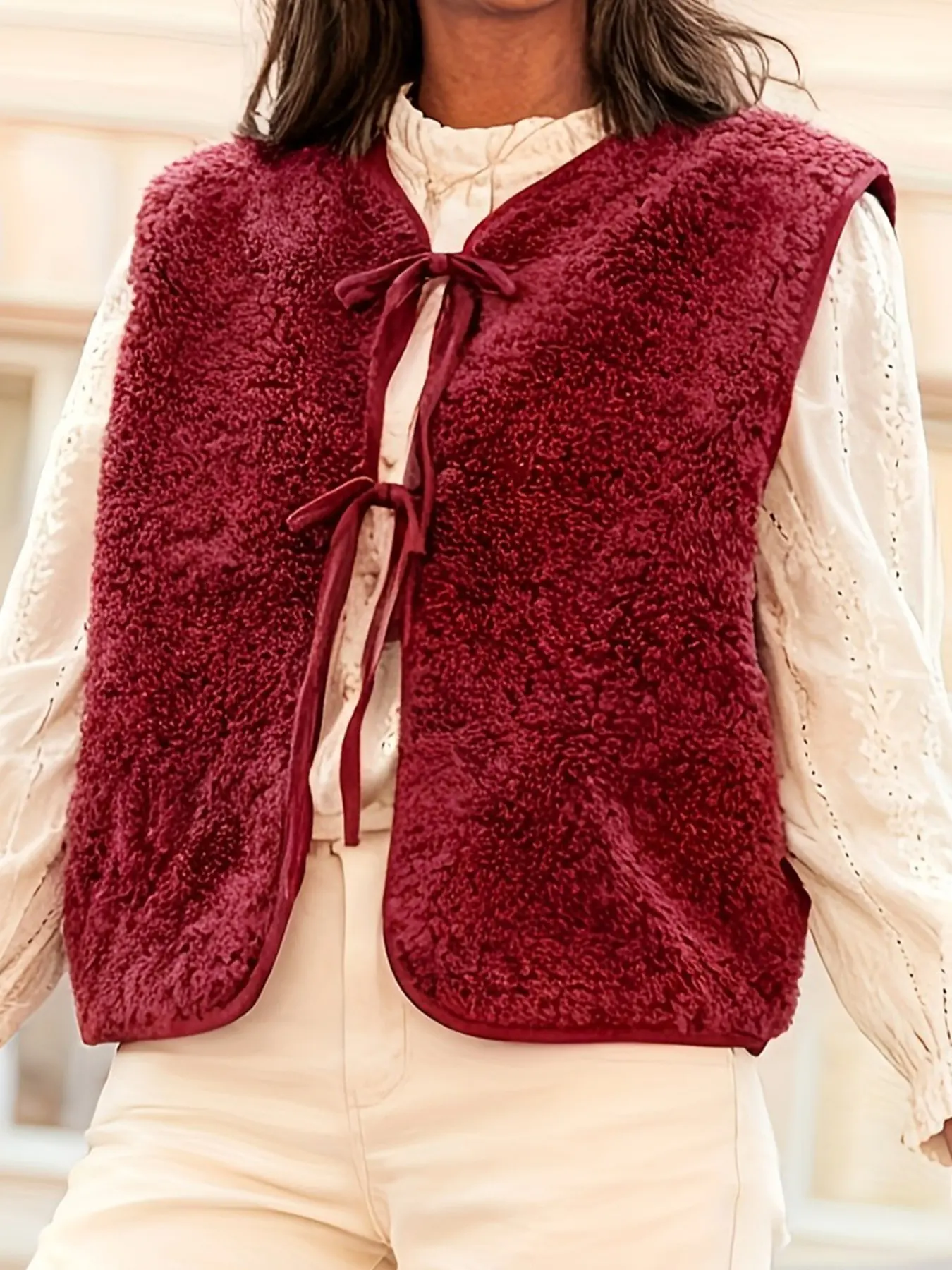Women's Retro Tie-Back Fuzzy Short Gilet, Melanin Literary Casual Style, Skin-Friendly Warm Plain Inner Outerwear, Daily Commute Leisure Jacket