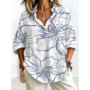 Womens Blue Line Sketch Floral Print Roll Up Sleeve Collared Half Placket Bamboo Linen Soft Breathable Casual Loose Fit Blouse