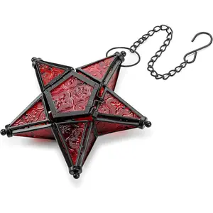 Hanging Candle Lantern Decorative Ornaments Tea Light Star Lantern Window Hangings Living Room Balcony Patio Decoration Vintage, Red