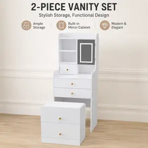 Littleox 3 in 1 Dressing Table with LED Mirror Hidden Stool 4 Drawers Storage Cabinet Open Bookshelf Compact Bedroom Makeup Vanity with Storage Space