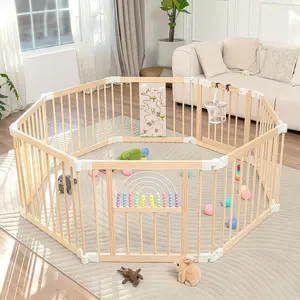 Foldable Wooden Baby Playpen Activity Center,Adjustable Size & Shape Portable Play Yard, Baby Fence Play Area with Gate  Indoor Use  Babies and Toddlers(56x56x24inches)