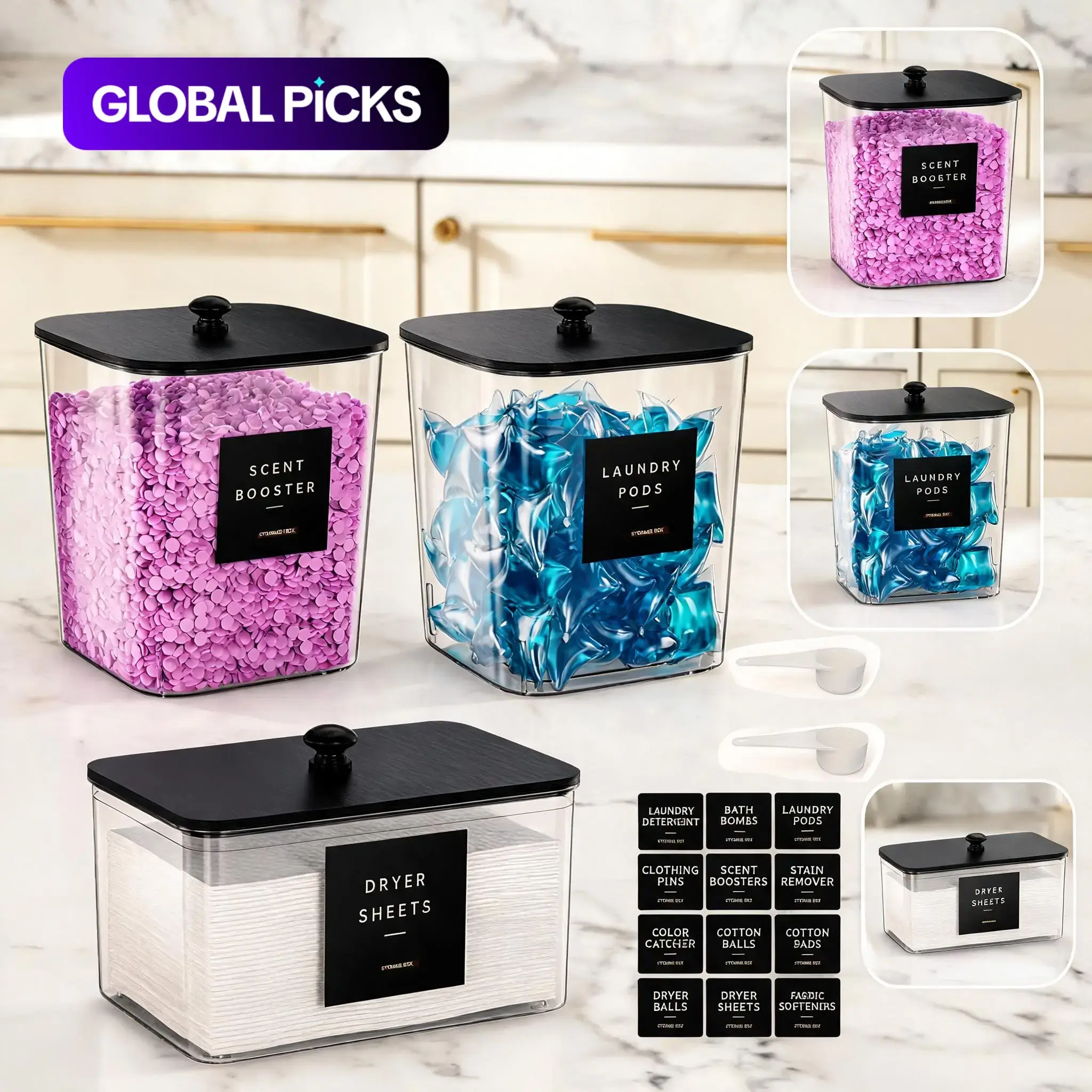 3 Pack Laundry Room Storage Containers, Clear Acrylic Storage Bins with Black Lids and Labels for Laundry Pods or Detergent Powder #GLOBAL PICKS
