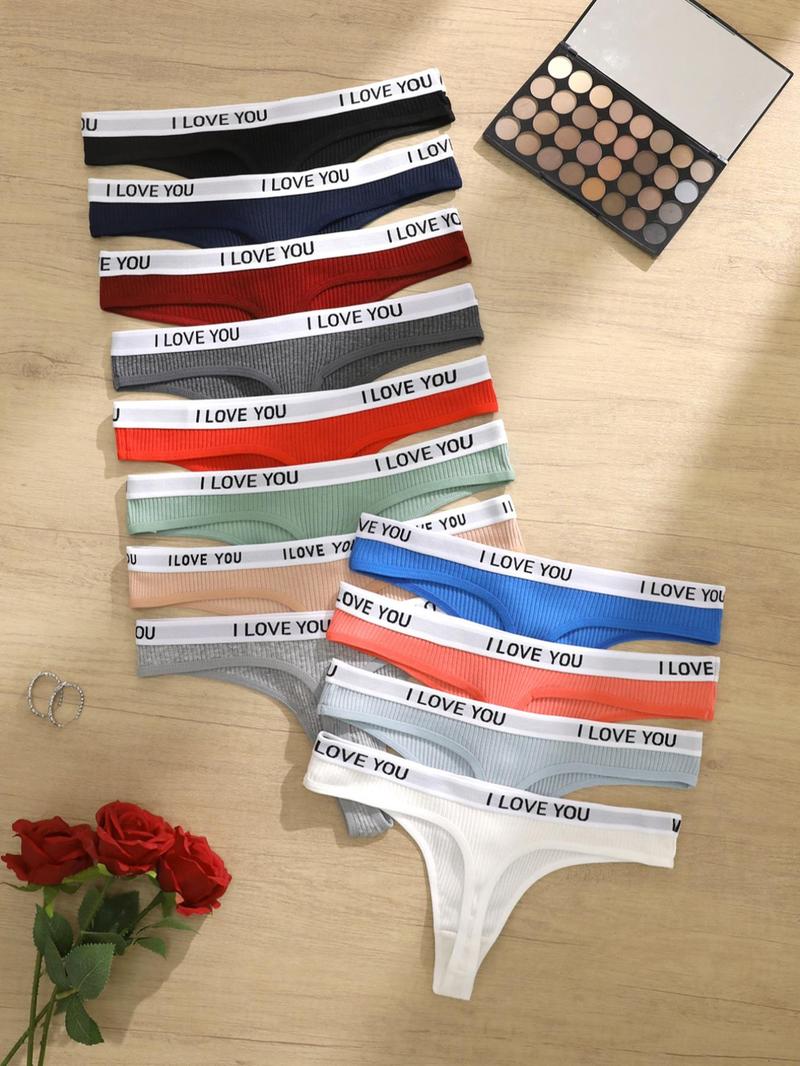 Women's Ribbed Letter Tape Thong, Soft Comfy Breathable Panty for Daily Wear, Underwear for All Seasons