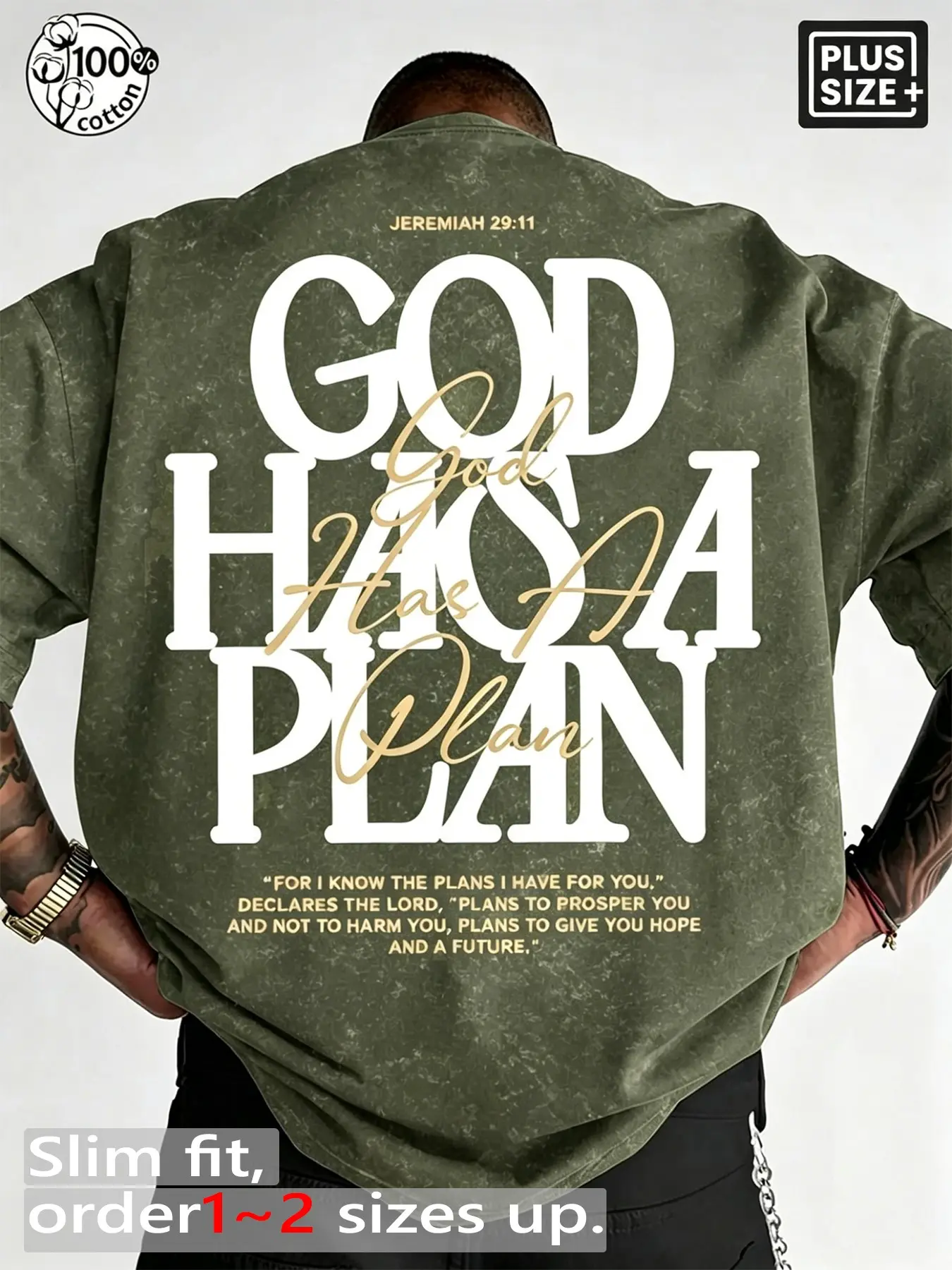 Men's Plus Size "God Has A Plan" Christian Graphic T-Shirt, Jeremiah 29:11 Vintage Washed Oversized Streetwear Tee, 100% Cotton