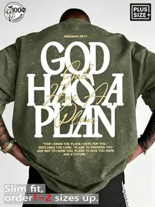 Men's Plus Size "God Has A Plan" Christian Graphic T-Shirt, Jeremiah 29:11 Vintage Washed Oversized Streetwear Tee, 100% Cotton