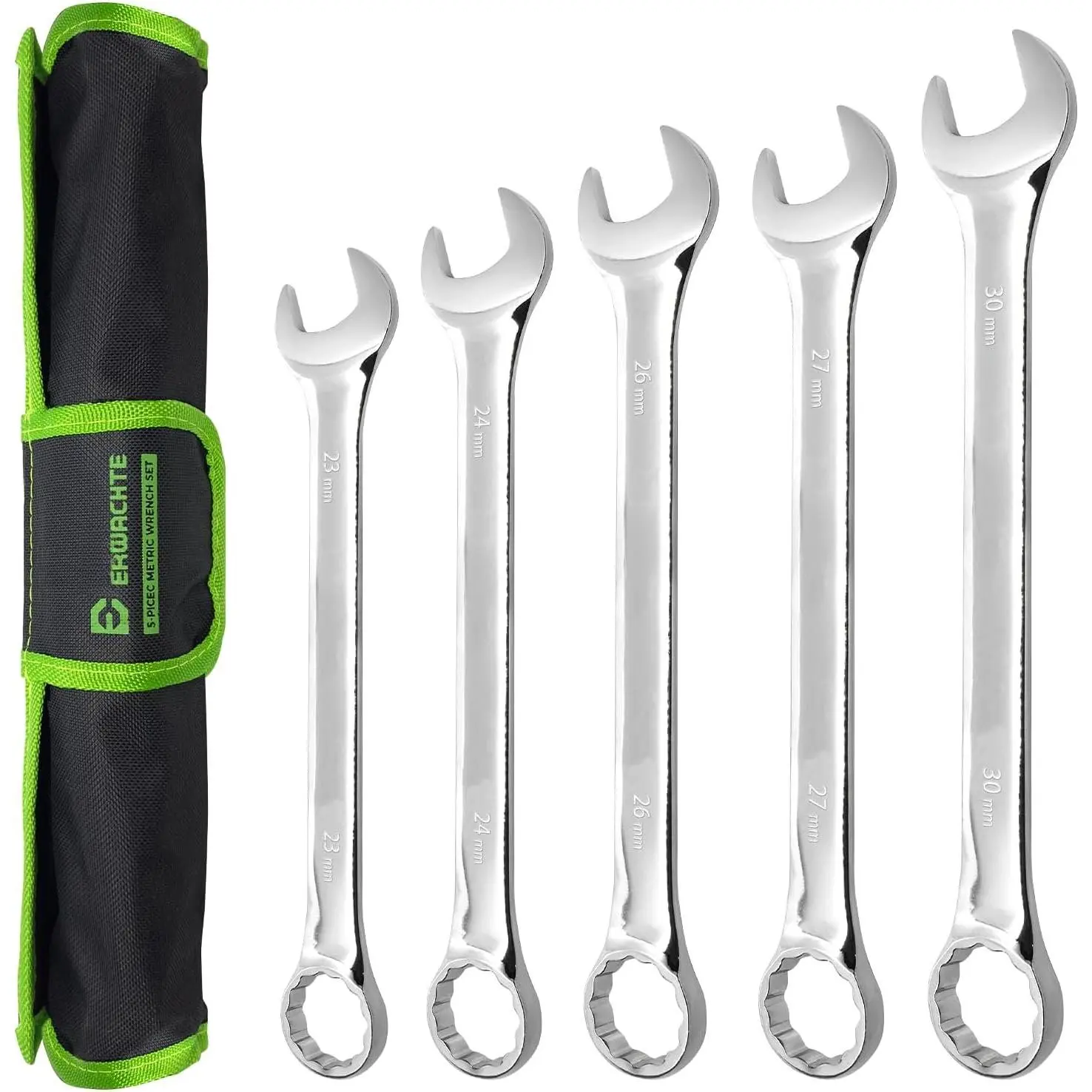 5 count Metric Wrench Set 23/24/26/27/30mm Big Spanners Roll Pouch | CR-V steel, 12-point , anti-slip grip, big metric sizes, ideal for auto repair,  maintenance