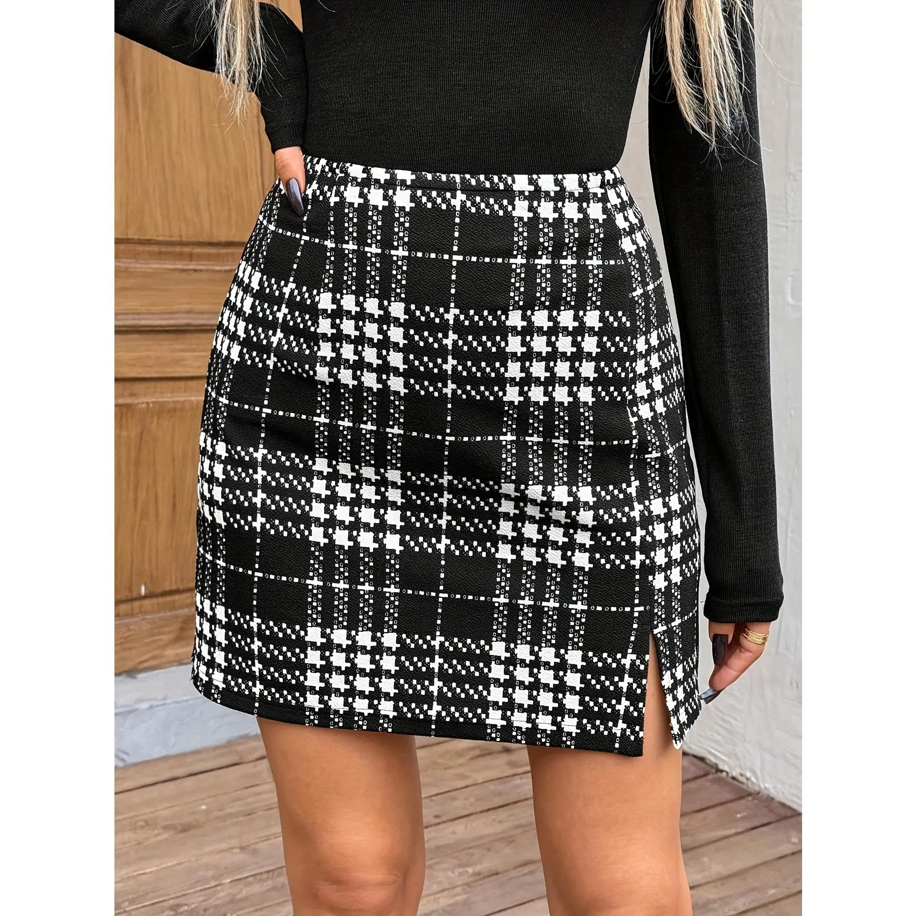 Targeted Women'S Vintage Houndstooth Print Mini Slit A-Line Skirt, Casual Office Street Style Half Skirt