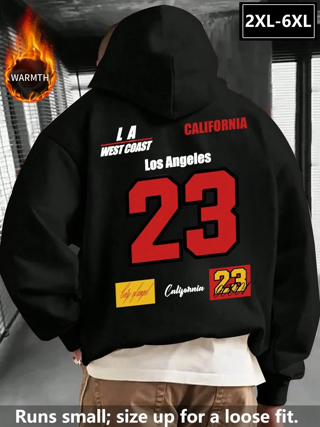 Large Size Men's La West Coast 23 Hoodie, Loose Fit Warm Fabric, Slimming Not Tight, Versatile Casual Streetwear, 2xl-6xl